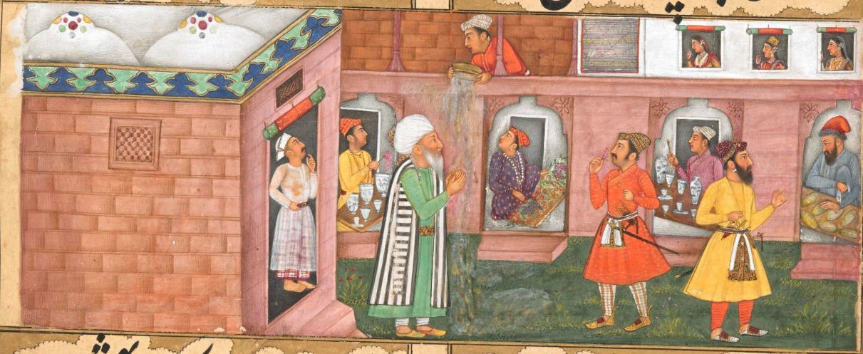 Bāyazīd Bastāmī verläßt gerade frisch gebadet ein Hamam, als jemand absichtlich Asche über ihn auskippt (British Library MS Add 27262 folio 67v)