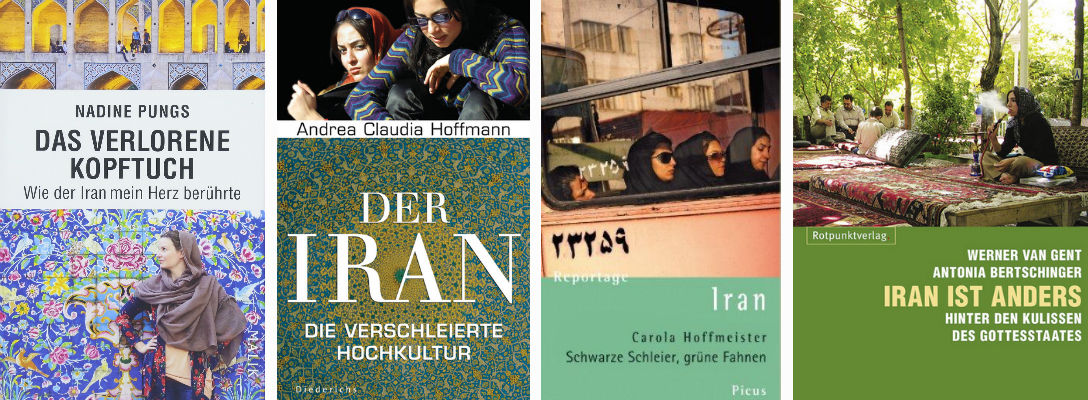 Typische Buchumschläge der deutschen Populärliteratur über Iran