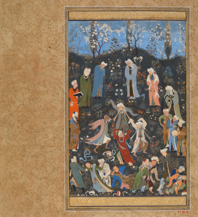 Derwische im Ritual auf einem Folio eines Hafez-Diwan, dem Miniaturenmaler Behzad zugeschrieben, um 1480 in Herat.