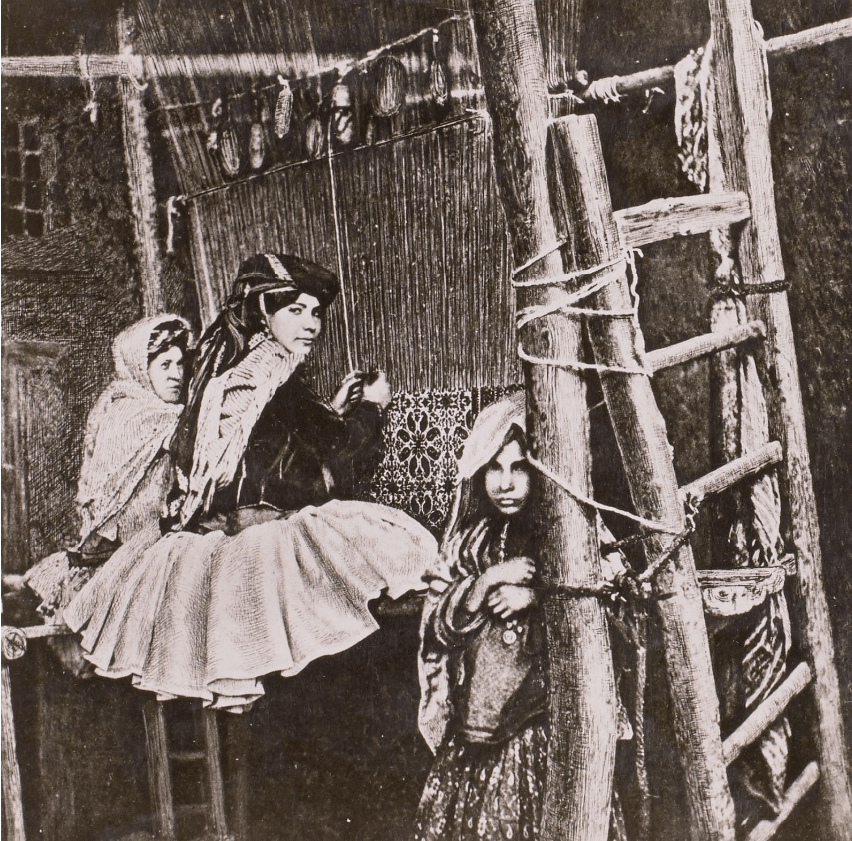 Kurdish women at a weaving loom in Iran (taken before 1895)